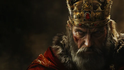 Battle-scarred medieval king in jewel-encrusted crown stares forward