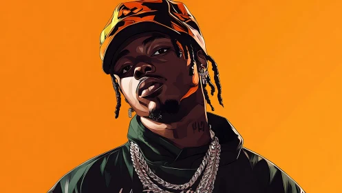 Bold hip hop portrait under vivid orange backdrop.
