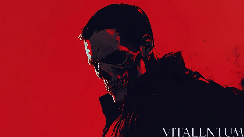 Stylized skull-faced figure emerges from stark red void