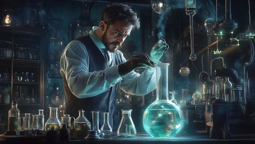 Focused scientist in glowing vintage laboratory experiment.