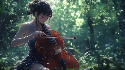 Young cellist performs in sunlit forest clearing setting