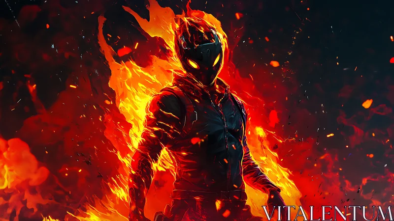 Flame engulfed humanoid figure in dark digital environment.