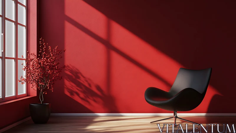 Minimalist red interior with sculptural lounge chair rendering.