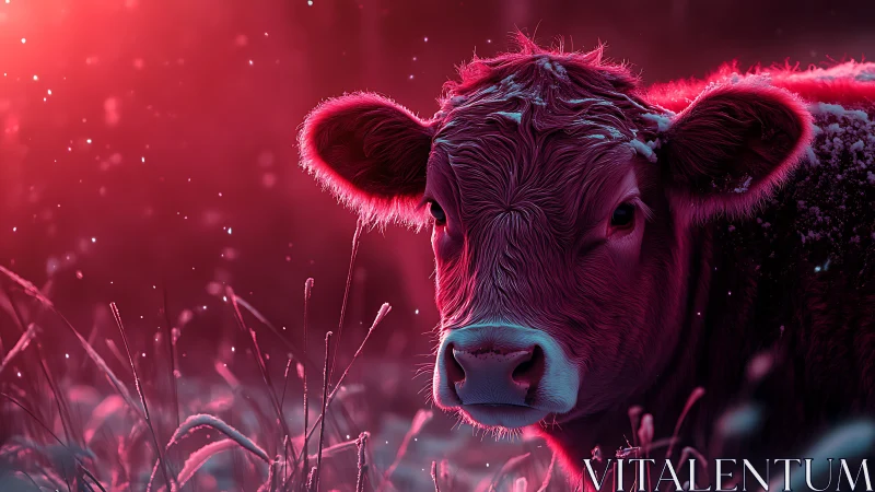 Gentle winter cow glowing softly in rosy twilight magic.