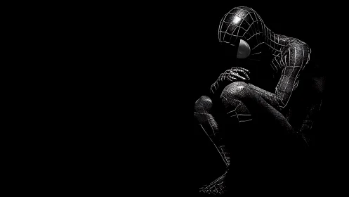 Brooding black-suited hero resting in the quiet dark.