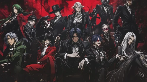 Anime ensemble of suited antiheroes in crimson-backed tableau.