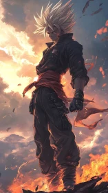 Spiky haired warrior standing over burning rocky ground.