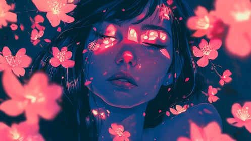 Soft neon blossoms drifting across a dreaming face.