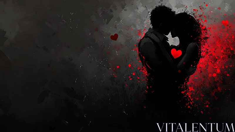 Silhouetted Figure Embracing Within Red Particulate Matter Field.