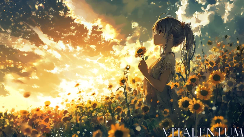Sunlit girl amid glowing sunflower field at painterly dusk.