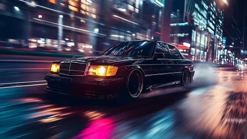 Midnight drift sedan under neon city lights in motion blur.
