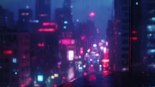 Rain-streaked window overlooking neon urban nightscape.
