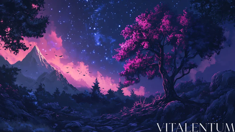 Mountain landscape with magenta tree under star field.