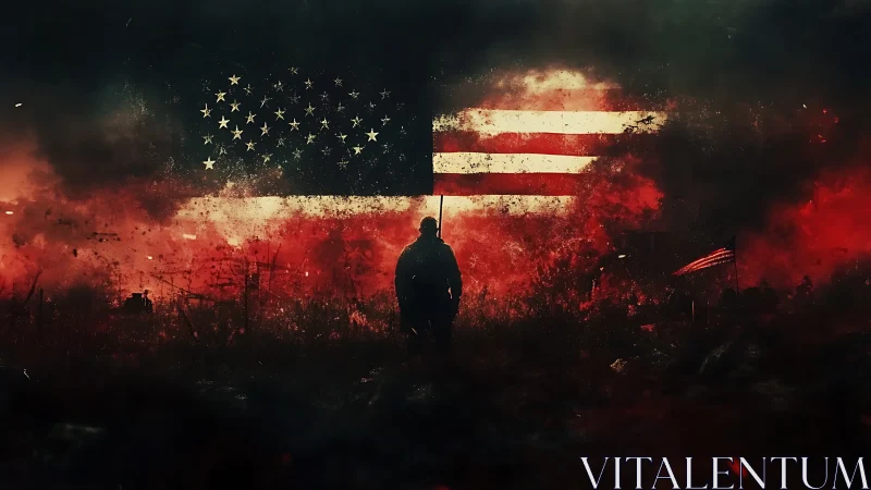 Lone figure stands before a glowing battle-scarred flag.