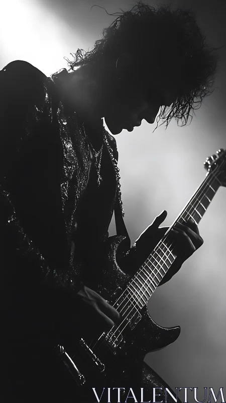 Silhouetted rock guitarist immersed in dramatic stage light.