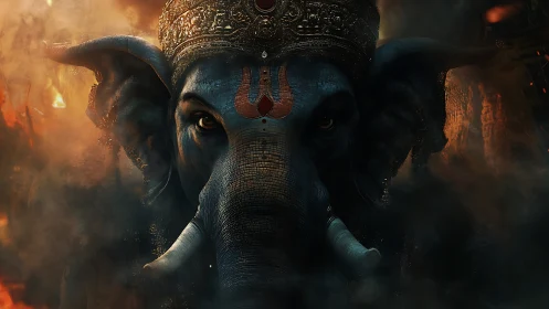 Majestic crowned elephant amid sacred firelit mist.