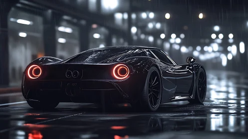 Midnight supercar glowing through rainy city streets.