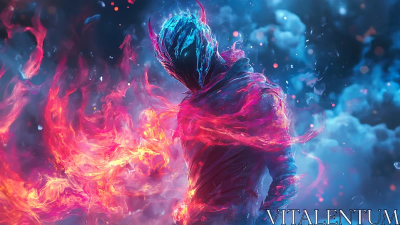 Flameborn specter bends neon fire within stormy cosmic haze.