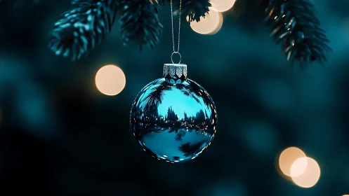 Photorealistic blue ornament with bokeh depth-of-field focus.
