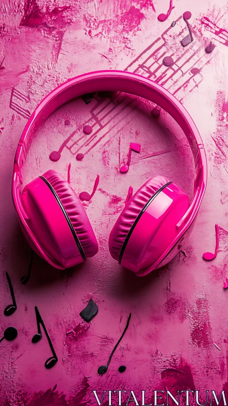 Glossy pink over-ear headphones on textured painted music surface