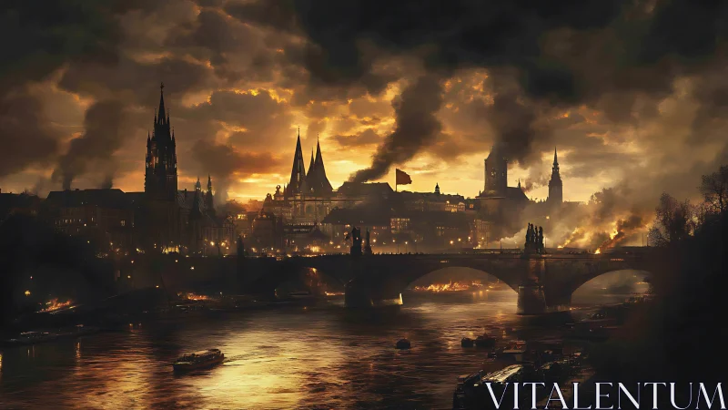 Medieval riverside city burns under dense smoky sunset sky