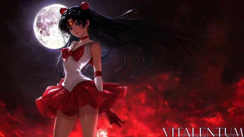 Dark-haired sailor-uniform figure before full moon scene.