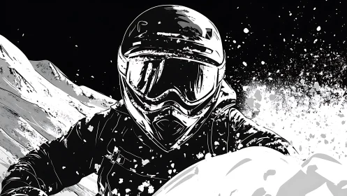 Helmeted snow rider slices through monochrome mountain chaos