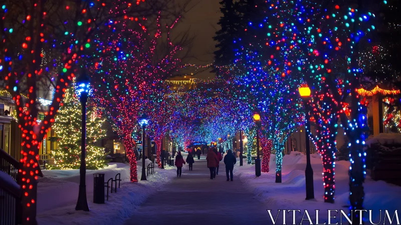 Snowy city walkway with dense multicolor holiday lights.