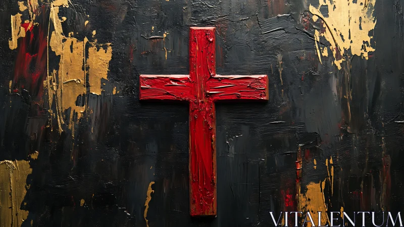 Crimson impasto cross on textured black and gold ground.