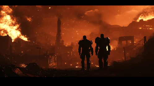 Armored soldiers silhouetted in burning postwar industrial ruin