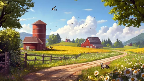 Sunlit country farmstead with red barns and winding road.