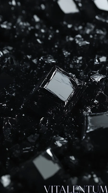 Gleaming black crystal cubes emerge from a dark abstract field