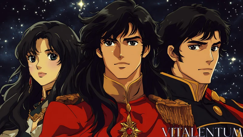 Anime space trio in ornate military uniforms against stars.