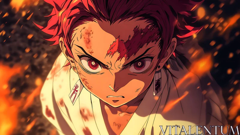 Anime fighter with red hair stares forward amid swirling flames