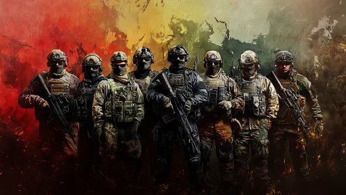 Eight silent operators stand carved from smoke and fire