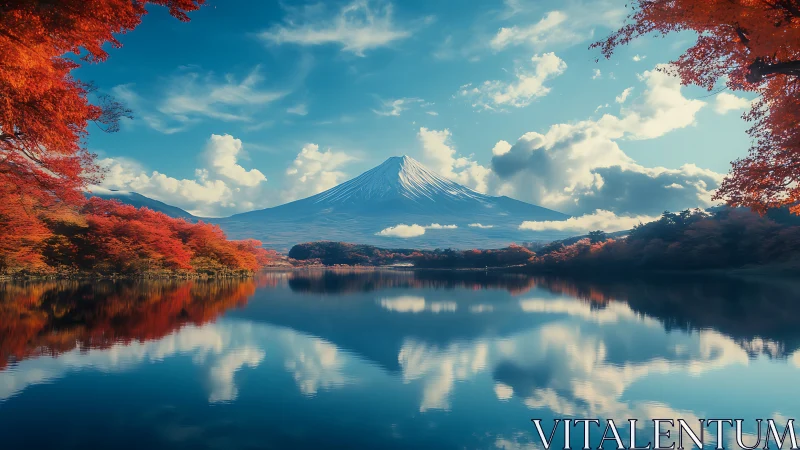 Crimson shores cradle a mirrored mountain of autumn sky