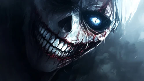 Chilling skull-like specter leans close with a glowing blue eye