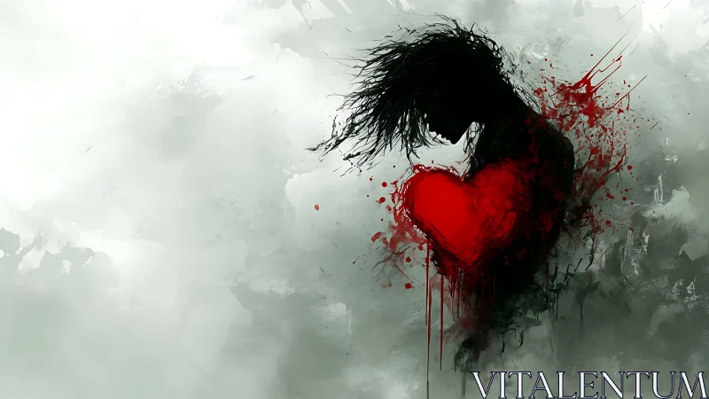 Shadowed figure cradling a fierce, bleeding red heart.