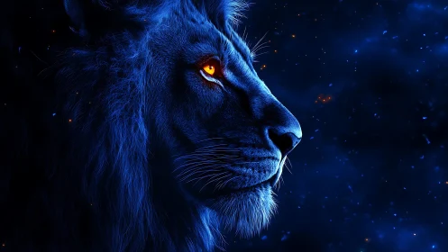 Bioluminescent blue lion profile with glowing amber eye in void