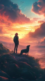 Hiker and dog on ridge under vivid sunset cloudscape.