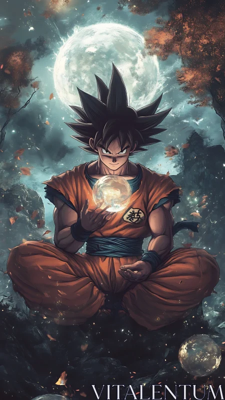 Anime warrior levitates while holding glowing orb at night