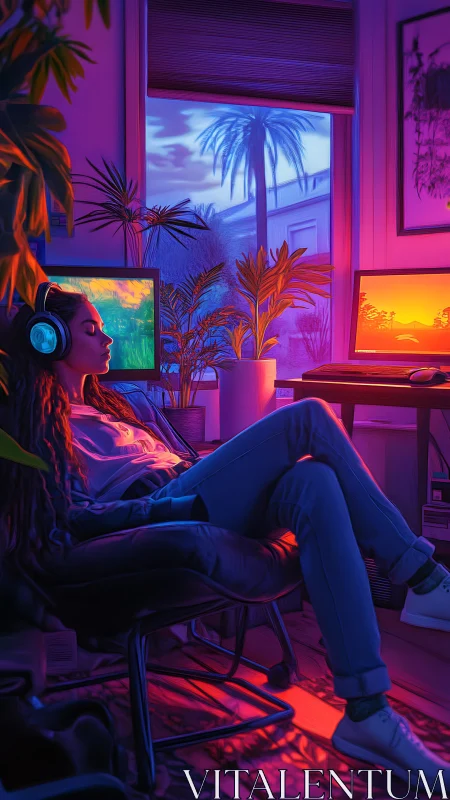 Young woman relaxing in neon lit room with dual monitors.