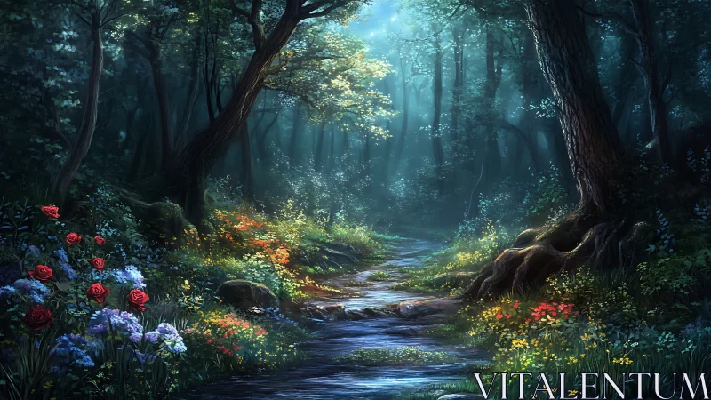 Mystical Forest Stream with Blooming Flowers.