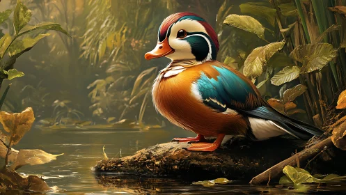 Vibrant mandarin duck by forest pond in detailed digital painting.
