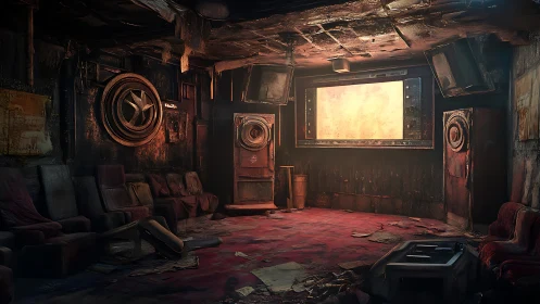 Decayed underground theater holds silent scorched screen