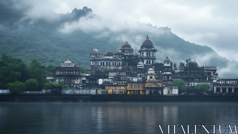 Misty hill palace leans into clouds while the lake listens