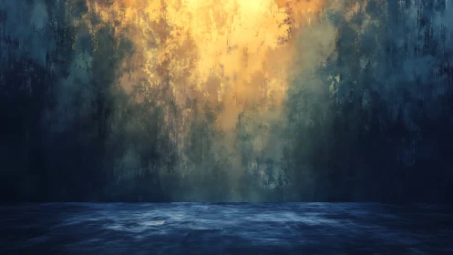 Golden abstract wall with moody blue floor gradient backdrop