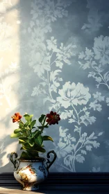 Floral Vase Against Blue Botanical Wall.