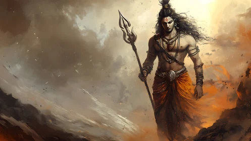 Warrior deity with trident amid swirling storm and embers