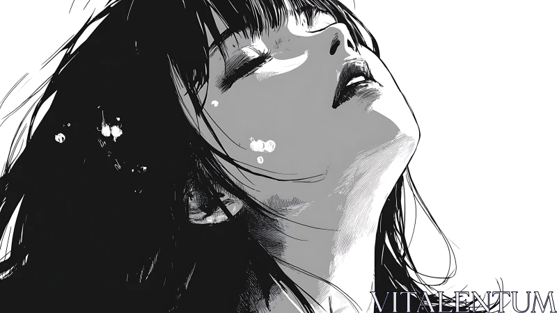 Monochrome portrait captures a woman in quiet emotional release.